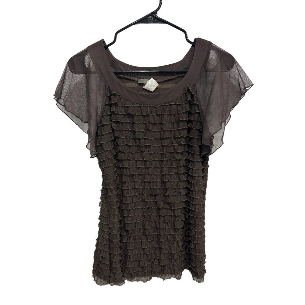J.T.B. Brown Sheer Flutter Sleeves Ruffled Top Size Small Blouse Soft Comfy Fit